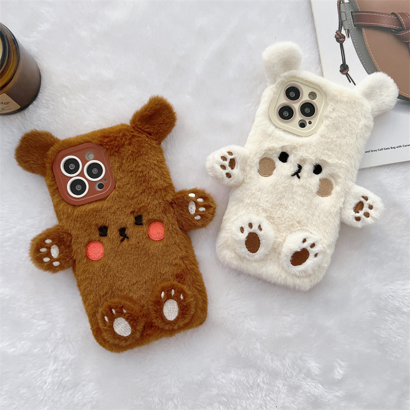 Phone Cases Iphone 16 Pro - เคสโทรศัพท์คู่รักลายหมีการ์ตูน 3 มิติ สไตล์เกาหลี ขนปุย สำหรับ