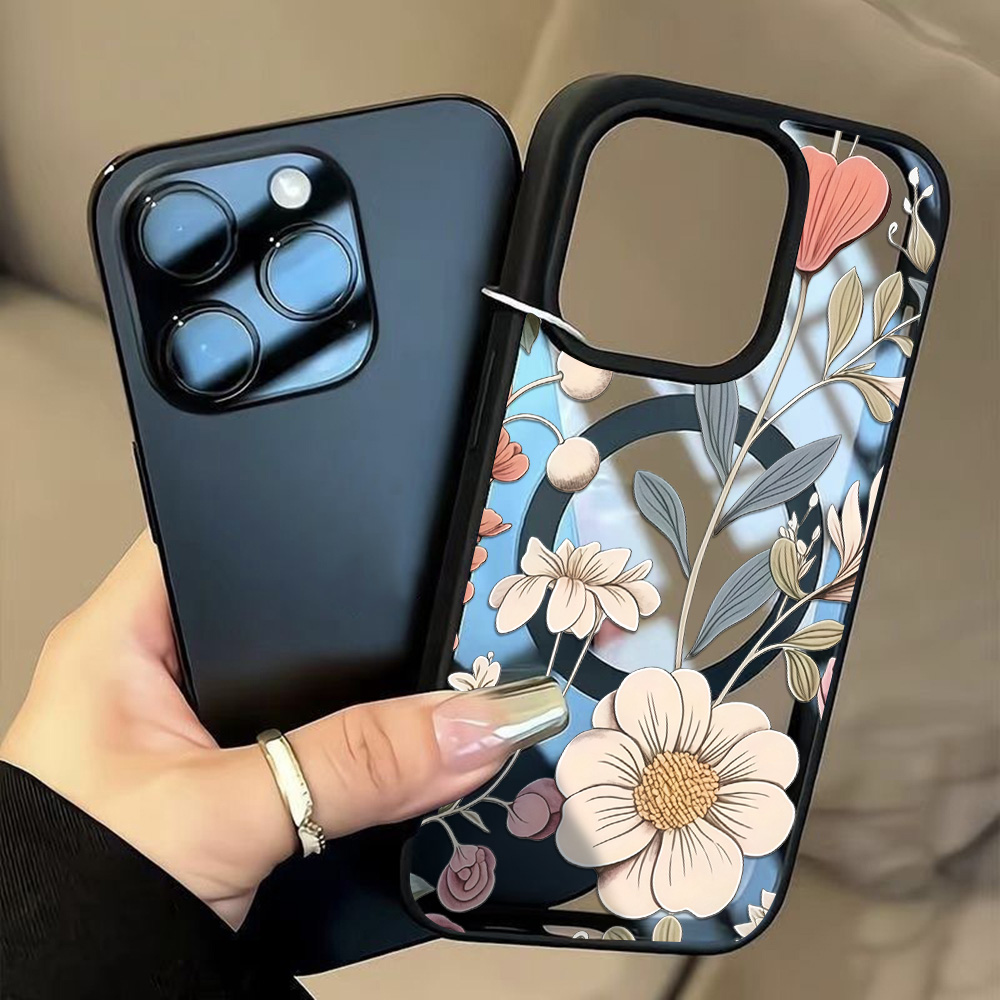 Phone Cases Magnetic - เคสโทรศัพท์ลายดอกไม้ขอบดำ ป้องกันการตก สำหรับ iPhone 17 14
