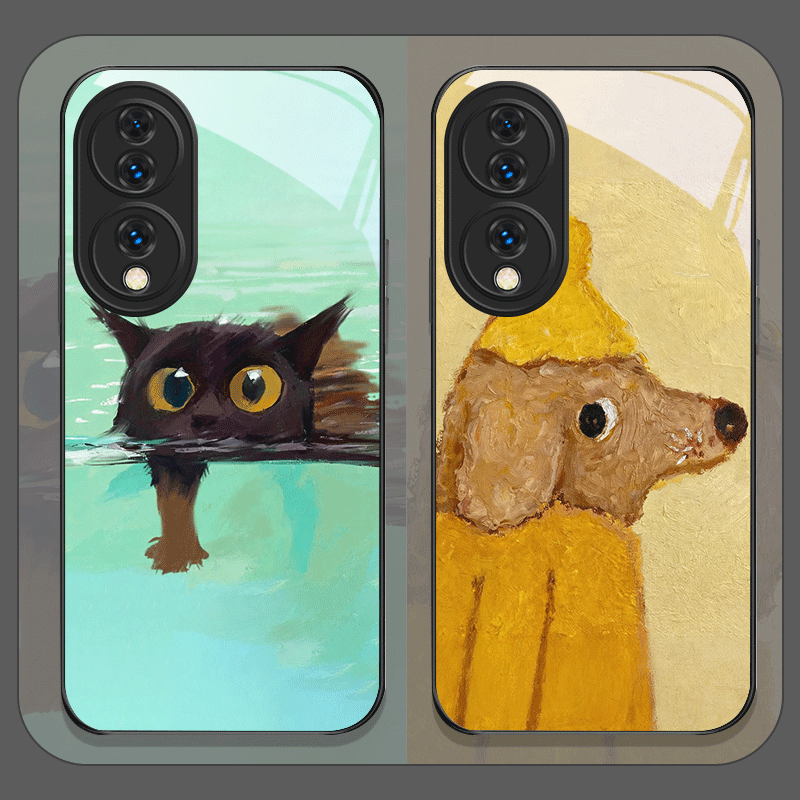 Phone Cases Yellow - เคสโทรศัพท์กระจกนิรภัยลายภาพวาดสีน้ำมัน สุนัขสีเหลือง แมวดำ สำหรับ Redmi Note