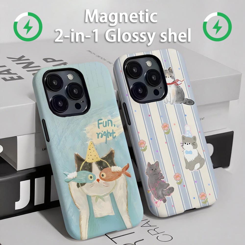 Phone Cases Cute - แมวและสุนัขน่ารักเคสโทรศัพท์แม่เหล็ก 2-in-1 Glossy SHELL สําหรับ iPhone