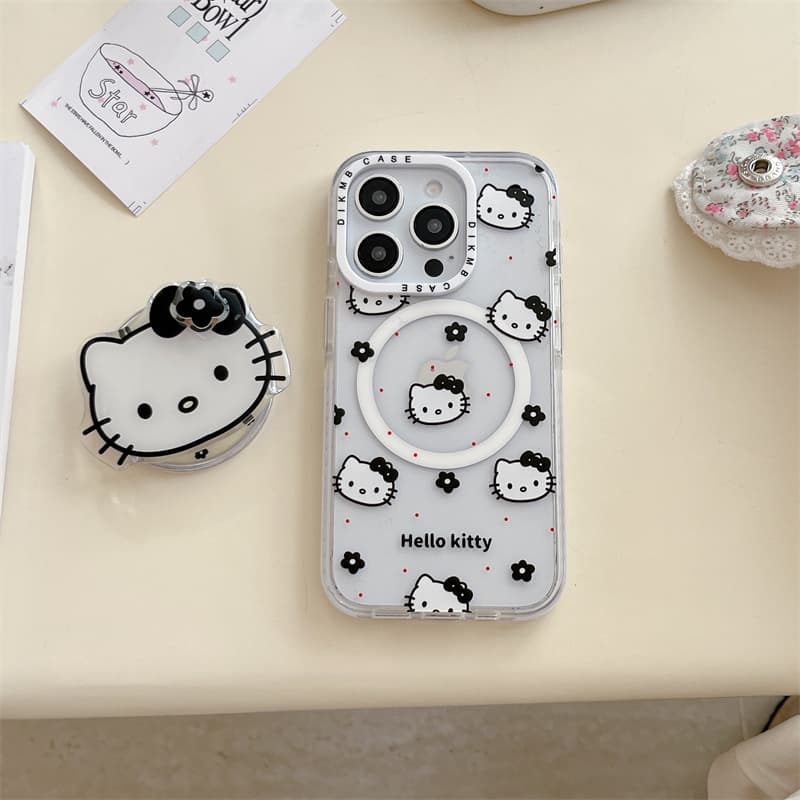 Phone Cases Hello Kitty - เคสโทรศัพท์ลายเฮลโล คิตตี้ น่ารัก พร้อมที่จับแม่เหล็ก รองรับการชาร์จไร้สาย Magsafe