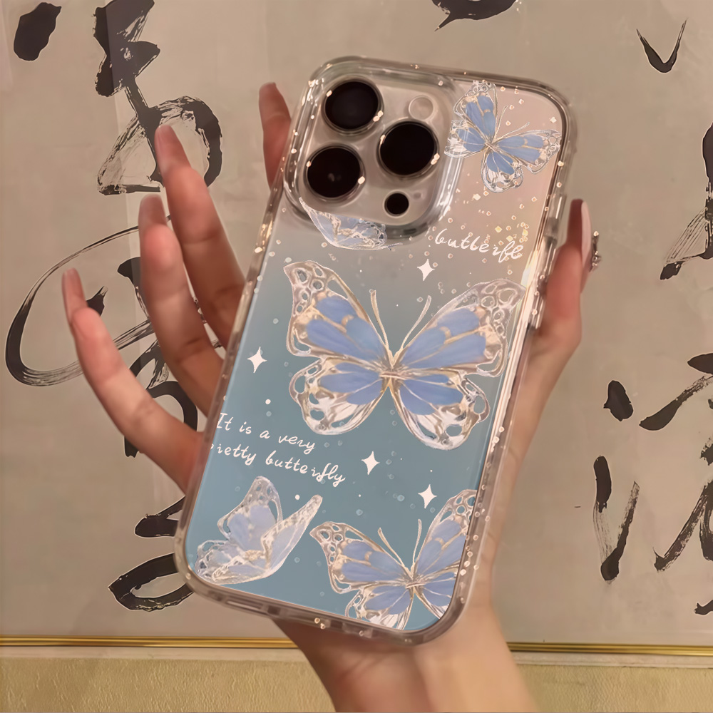 Phone Cases Iphone 17 Pro - เคสโทรศัพท์ใสลายผีเสื้อสีน้ำเงินหรูหรา พร้อมกลิตเตอร์ สำหรับ iPhone 17 13