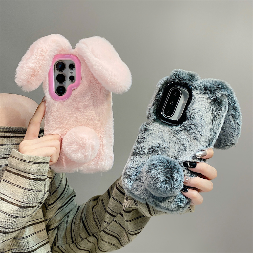 Phone Cases Cute - เคสโทรศัพท์แบบตั้งได้ ขนปุย ลายหูกระต่ายน่ารัก สำหรับ Samsung Galaxy